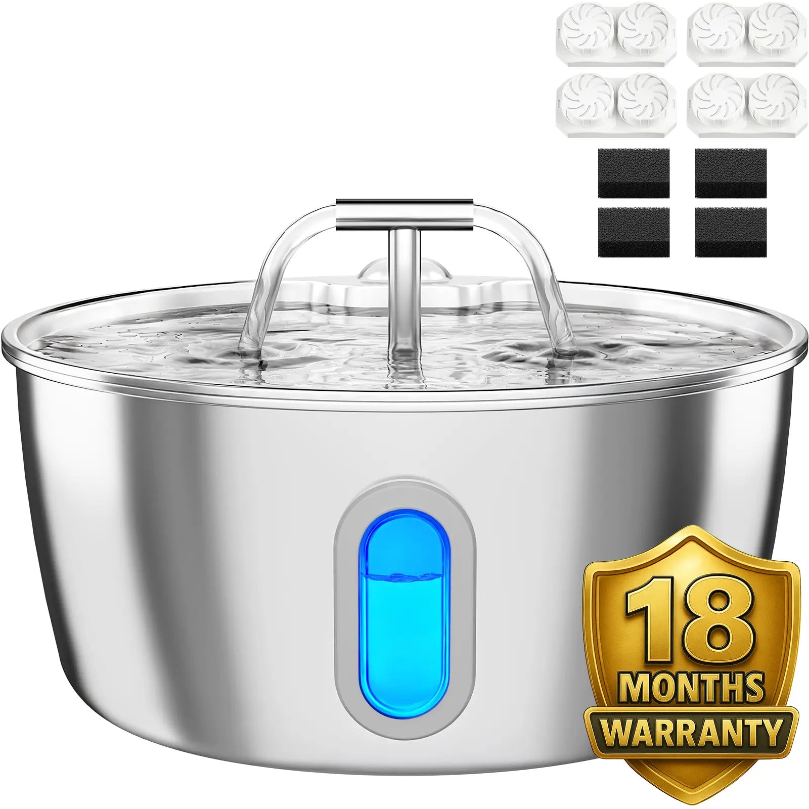 Round One Cat Water Fountain Stainless Steel - 3.2L/108Oz Pet Water Fountain for Cats Indoor - Automatic Pet Watering Dispenser (1 Filter)