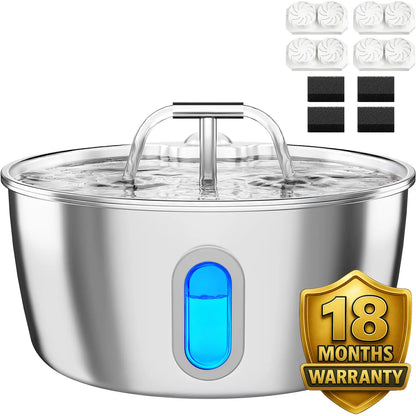 Round One Cat Water Fountain Stainless Steel - 3.2L/108Oz Pet Water Fountain for Cats Indoor - Automatic Pet Watering Dispenser (1 Filter)